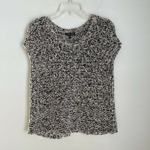 Eileen Fisher White Black Eyelash Knit Short Sleeve Open Back Sweater